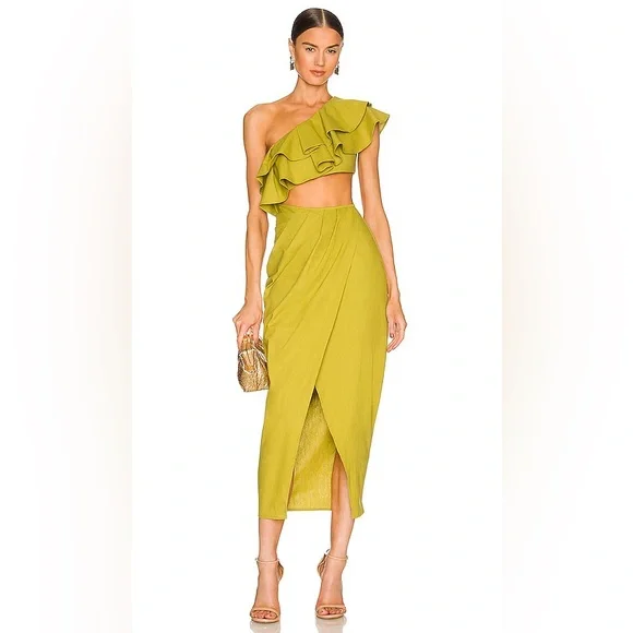 NWT Yaura Titi Green Linen Blend Ruffle Cutout Midi Dress Size 4 Small - Picture 1 of 10